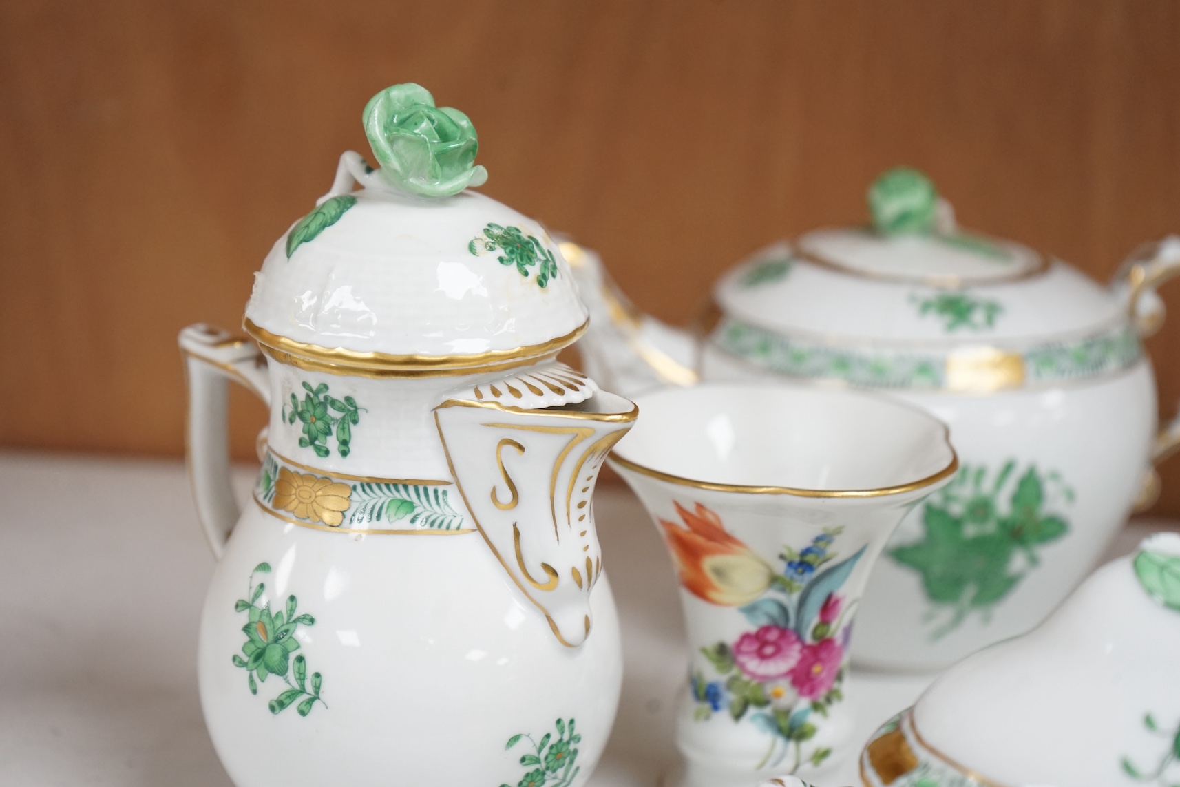 A collection of small items of Herend china: including eight items of a tea for two, a tureen and cover, a vase and various ticket dishes, baskets etc, coffee pot 13cm high. Condition - good